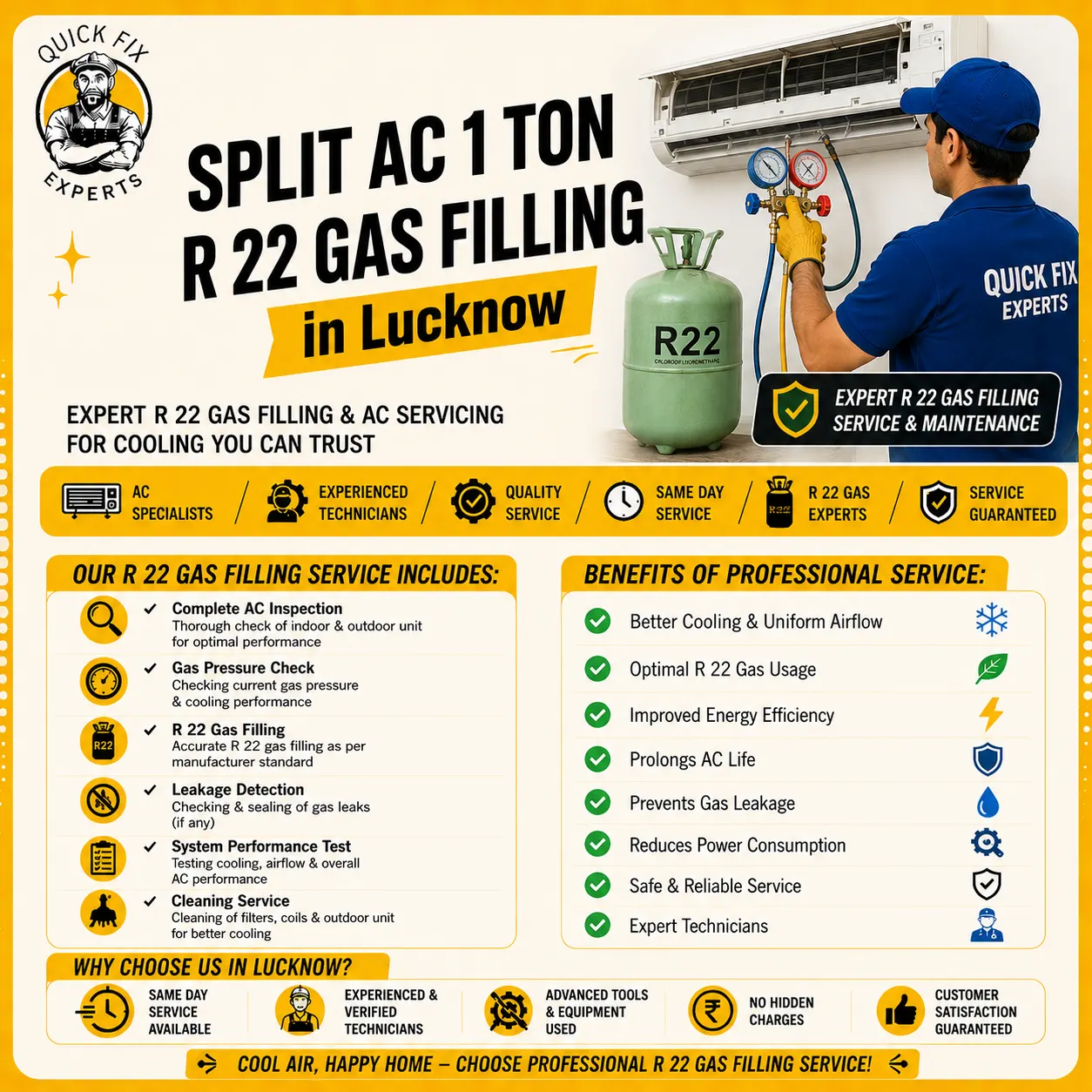 Split AC 1 Ton R 22 Gas Filling in Lucknow